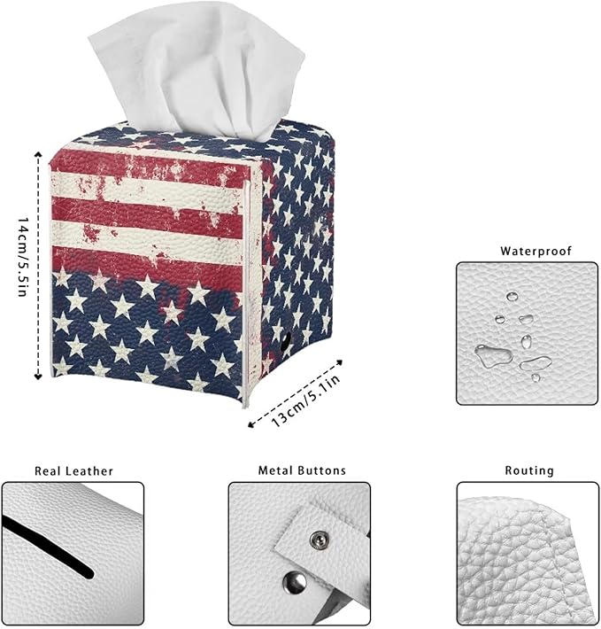 American Tie Dye Minimalist Tissue Box Holder, Square PU Leather Napkin Organizer with Secure Metal Button, Waterproof and Stain-Resistant Tissue Cover for Home, Kitchen, and Automotive Use