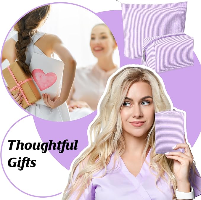 2 Pcs Makeup Bag Set Cute Cosmetic Pouch for Women Seersucker Travel Toiletry Bag Preppy Small Makeup Purse Pouch Aesthetic Skincare Brushes Storage Organizer for Valentine Women(Purple)