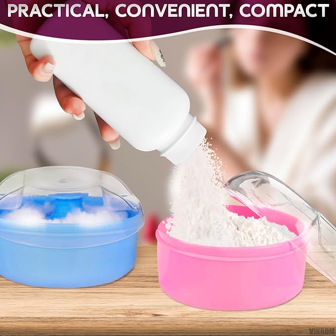 2Pcs Talcum Powder Puff and Container Brush with Holder – Dusting Powder Puff for Women Set, 3.6x2.45 Pink and Blue, Easy to Clean & Store, Gentle and Safe, Good for Travel and Quick Makeup