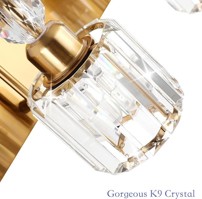 Ralbay Brass Gold Bathroom Vanity Lights 3-Lights Brass Gold Crystal Vanity Lights Over Mirror Modern Crystal Brass Gold Bathroom Vanity Lighting Fixtures