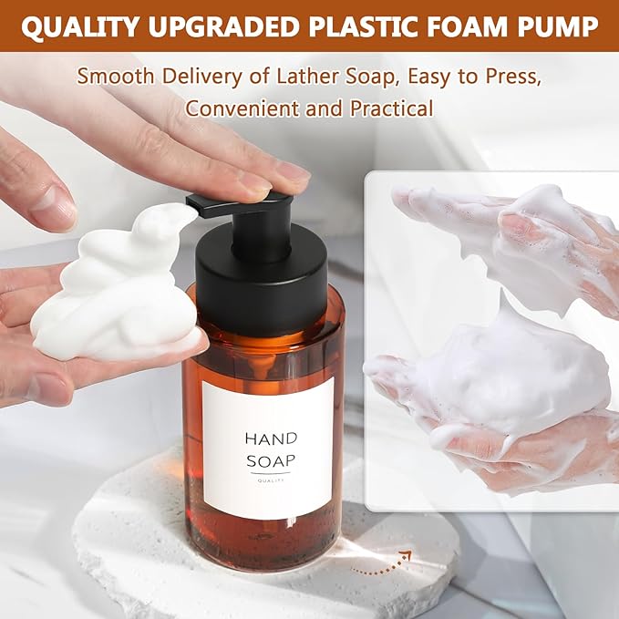 Amber Foam Soap Dispenser, 10 oz/300ml Glass Foaming Soap Dispenser, 4 Pcs Foaming Hand Dispenser for Bathroom & Kitchen, Refillable Bottle with Waterproof Labels