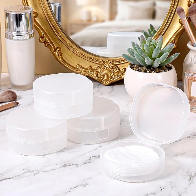 Plastic Cotton Square Holder, 4 PCS Portable Cotton Round Holder Travel Size Makeup Sponge Holders White Transparent Cottons Pads Dispenser Container for Makeup Remover Cottons Balls Puff Small Items