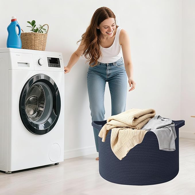 65L Large Blanket Basket,19.7" L x 19.7" W x 13" H Rope Woven Baskets with Handles, Toys Storage Bins,Laundry Basket Perfect for Living Room, Nursery,Bedroom,Home Organization,Dark Blue