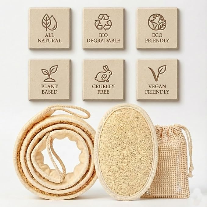 Natural Loofah Back Scrubber for Shower for Men and Women, Exfoliating Loofah Sponge with Soap Saver, 4-pcs
