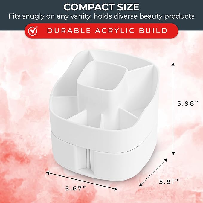 Masirs Small 360 Rotating Makeup Organizer - Mini Yet Spacious Cosmetic Storage Solution with Multiple Compartments - The Perfect Spinning Make-Up Caddy for Vanity or Bathroom Counter (Square - White)