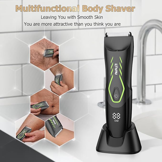 Manscape Body Hair Trimmer for Men, Pubic Groin Hair Trimmer for Men with Safe Blade, Cordless Ball Shaver w/Light, Charging Dock, Waterproof Body Groomer Man, LED Display, 1H Charge,Green