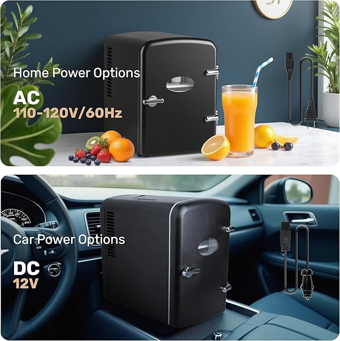 HealSmart 4L Mini Fridge with Observation Window, 6 Can Capacity, Freon-Free and Portable Cooler and Warmer, Cosmetics/Food/Beverage, Black New