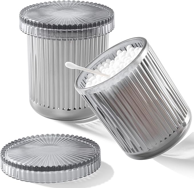 rejomiik Glass Qtip Holder Dispenser 2 Pack, Bathroom Canister Apothecary Jars with Lids, Vanity Makeup Accessories Storage Organizer for Cotton Swabs, Cotton Balls, Pads, Floss Picks, Gray