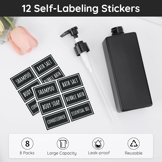Segbeauty 8 Pack Bathroom Soap and Shampoo Dispenser, Matte Black Plastic Square Body, 16.9oz & 500ml Refillable