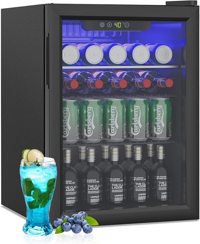 Compact Beverage Refrigerator, 2.6Cu.Ft/95 Can Mini Fridge with Glass Door and Digital Display, Small Drink Fridge with Adjustable Shelves for Soda, Beer, or Wine, Compact Fridge for Home