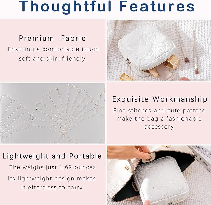 Small Quilted Cosmetic Pouch for Purse, Mini Cotton Makeup Bag with Compartments, Cute Zipper Lipstick Holder for Women (16Seashell)