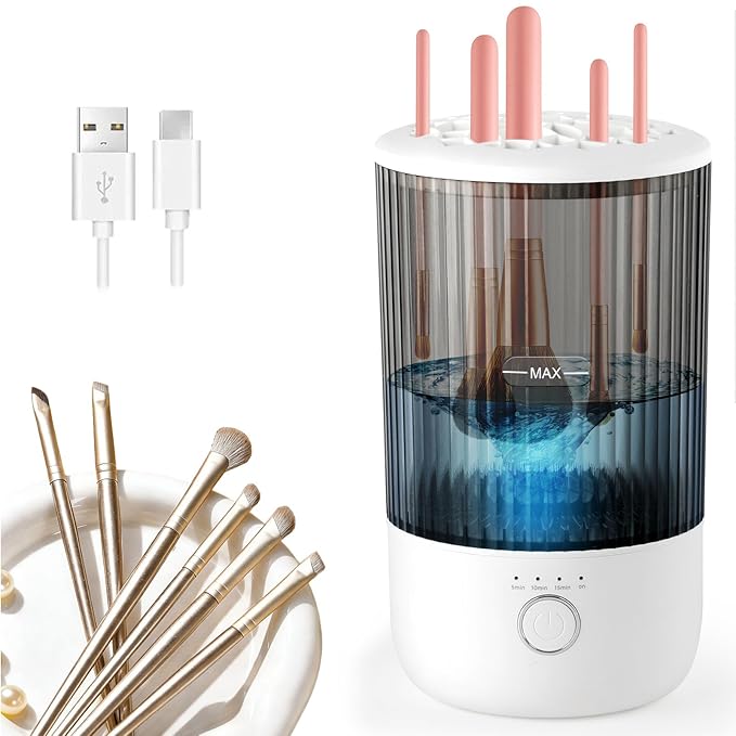Electric Makeup Brush Cleaner with 4 Timer Settings, Portable Automatic Makeup Brush Cleaner Machine for Travel and Home Use, One-Touch Cleaning with 1800mAh Rechargeable Battery for All Brush Sizes