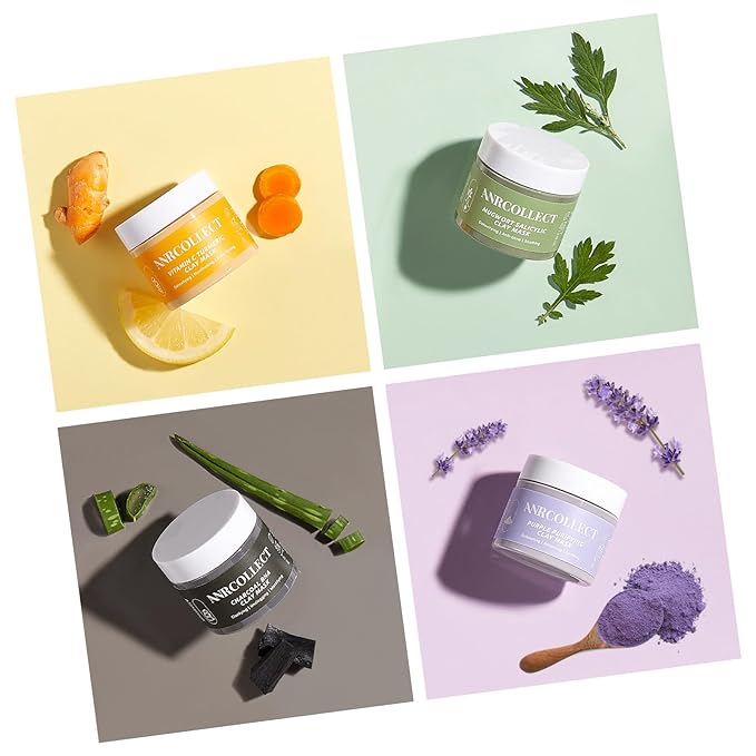 ANRCOLLECT 4-Pack Clay Face Mask Set (280g Total) - Vitamin C Turmeric, Charcoal BHA, Mugwort Salicylic & Purple Clay Masks for Deep Pore Cleansing, Oil Control & Blackhead Removal - Skincare Gift Set