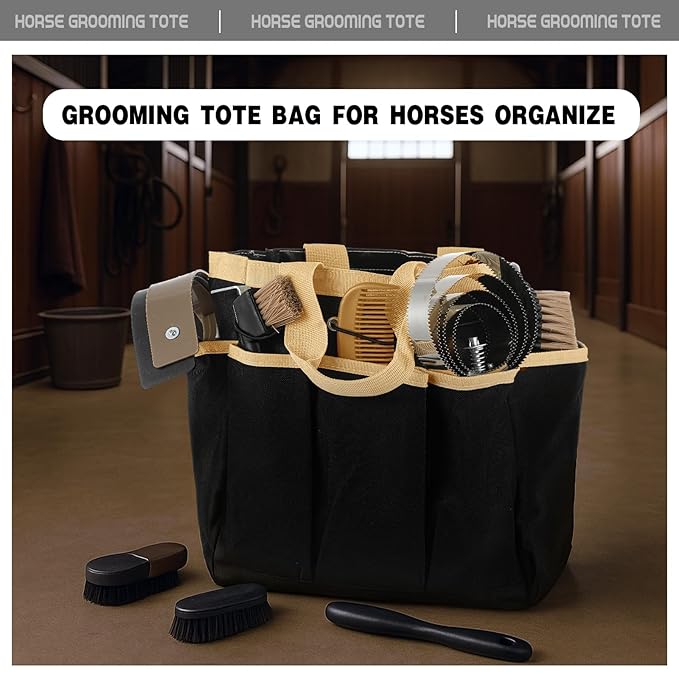 Abbylike Grooming Tote Bag for Horses and Dogs Organize Tack Tools Equestrian Grooming Kit Care Portable with Multiple Pockets for Supplies(Vintage,15 x 12 x 5.5 Inches,Khaki and Black)
