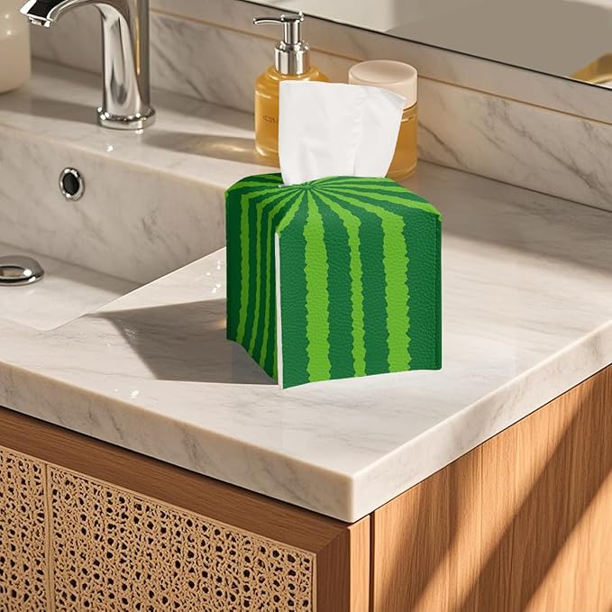 Funny Fruit Tissue Box Cover Summer Cute Green Watermelon Square PU Leather Waterproof Tissue Box Holder for Car Bathroom Bedroom Office Tabletop Decor