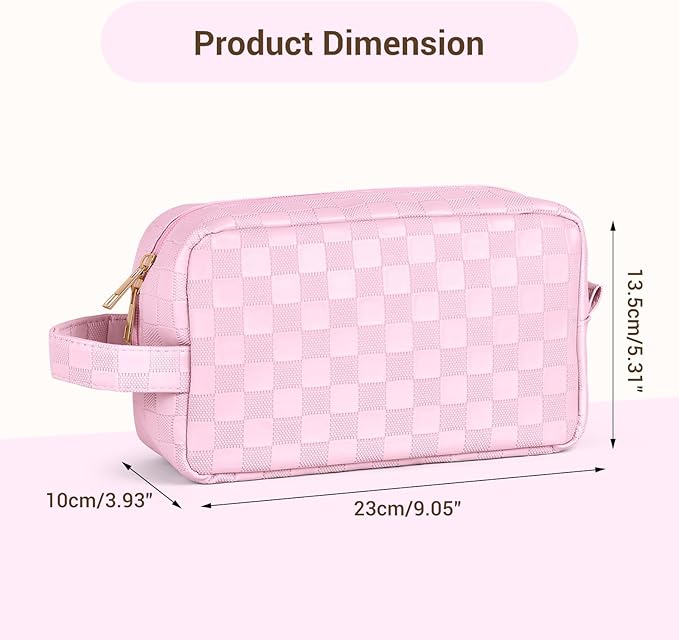 MAGEFY Makeup Bag, Checkered Travel Cosmetic Bag with Handle Leather Makeup Pouches for purse Make Up Bag Cute Makeup Bags for Women,Pink