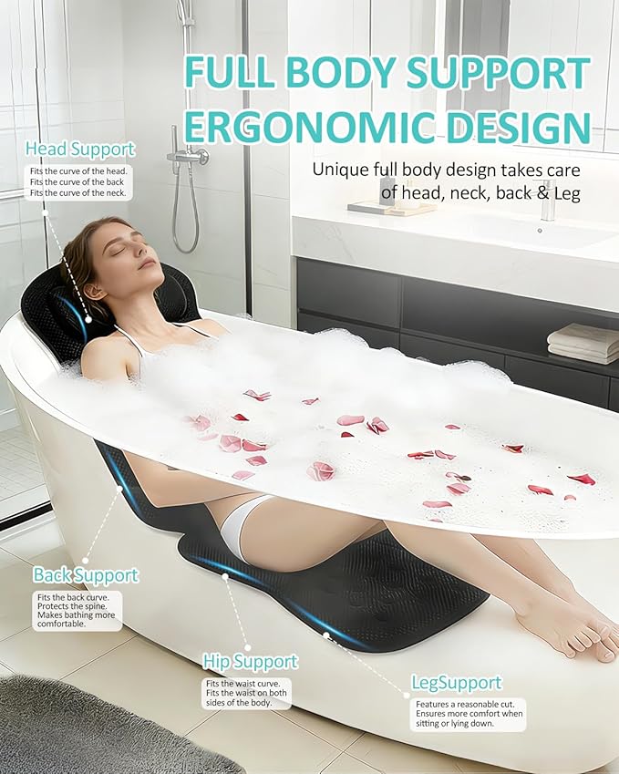 Full Body Bath Pillow for Bathtub, 5D Thick Tub Pillow for Bathtub with 192 Non-Slip Suction Cups, Laundry Bag & Hook, Bathtub Pillow for Head, Neck & Back Support (Black, 51"*15")