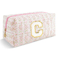 Personalized Quilted Cosmetic Bag, Puffy Monogrammed Christmas Birthday Gifts for Women & Girls, Cute initial Floral Makeup Bag Puffer Coquette Bag, Aesthetic Travel Toiletry Zipper Pouch(Pink,C)