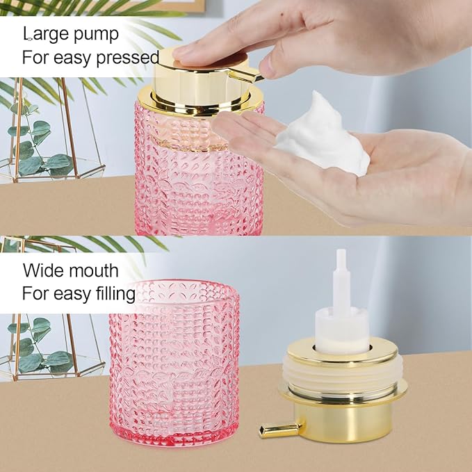 Glass Foaming Soap Dispenser,10oz Refillable Bathroom Foam Hand Soap Dispenser for Bathroom Countertop Kitchen (1, Pink)