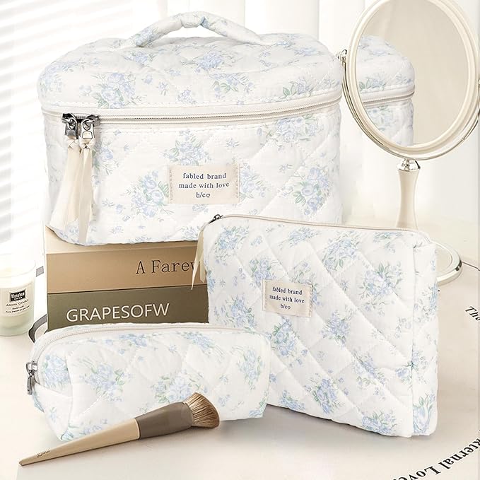 3Pcs Cotton Quilted Makeup Bag Large Travel Cosmetic Bag Coquette Makeup Pouch Cute Aesthetic Floral Toiletry Bag for Women Girls (flower-T)