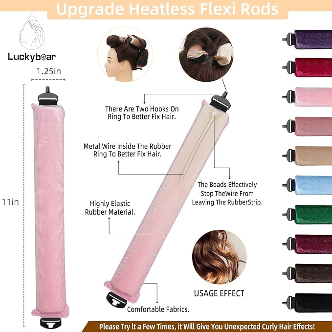 Luckybear Jumbo Heatless Hair Curler, 3pcs Pink Satin Flexi Rods - Heatless Curls, Soft Velvet Overnight Sleeping Curls Styling Tools for All Hair Types