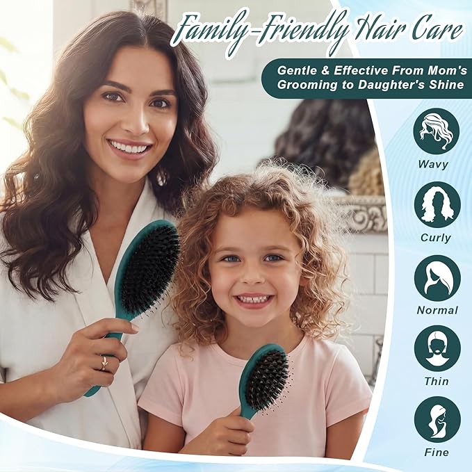 2 Pcs Green Boar Bristle Hair Brush Set Full-size and Travel Size Soft Boars Hairbrushes Natural Bristle Detangling Brush for Women Men Thick Curly Hair Detangling Soften Silky Shine