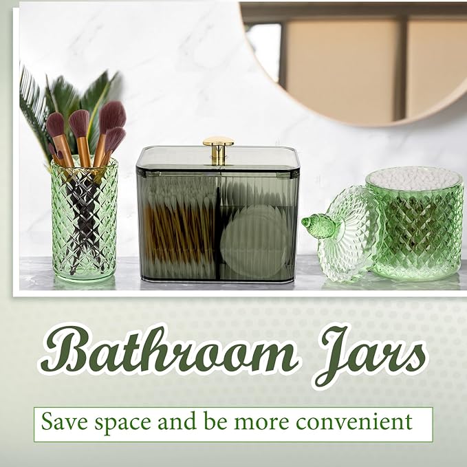3 Pcs Qtip Holder Dispenser Bathroom Set Cotton Ball Holder Cotton Swabs/ball Storage Box 3 Grids Partition Cosmetics Storage Dispenser for Vanity Tray Candy Container Jar For Home(Green)