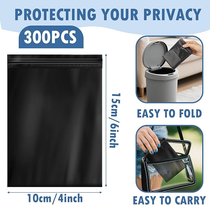 300 Pcs Sanitary Napkin Disposal Bags Women Tampon Plastic Bags 4" x 6" Black Period Pad Bag Odor-Proof Feminine Hygiene Bag for Tampons and Pads Women Privacy Handling