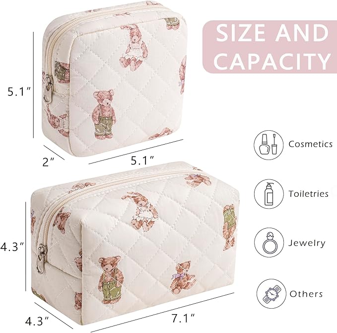 2 Pcs Quilted Cotton Makeup Bag Set, Small Aesthetic Cosmetic Bag with Bear Pattern, Cute Makeup Pouch for Purse, Kawaii Trendy Preppy Travel Toiletry Bag for Women and Girls(20 Bear Set)