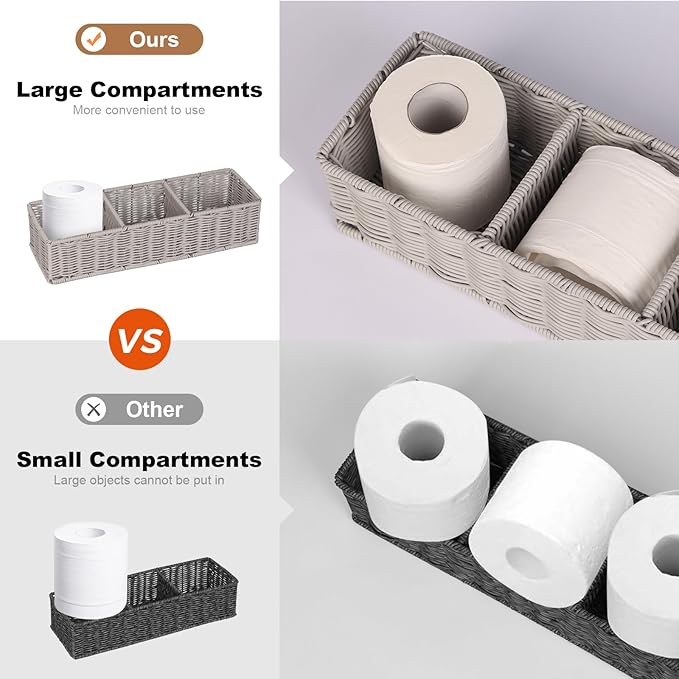 Gray 3-Section Wicker Storage Basket - Modern Minimalist Toilet Paper & Toiletries Organizer