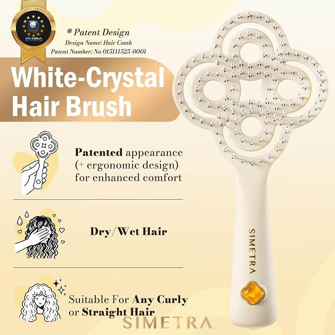 Simetra Detangler Hair Brush for Woman and Men, Original Detangling Brush for Curly Hair/Fine &Thick/Wet & Dry Hair, Flexible Bristles Hairbrush - Natural Crystal Inlay & 14K Gold Plating