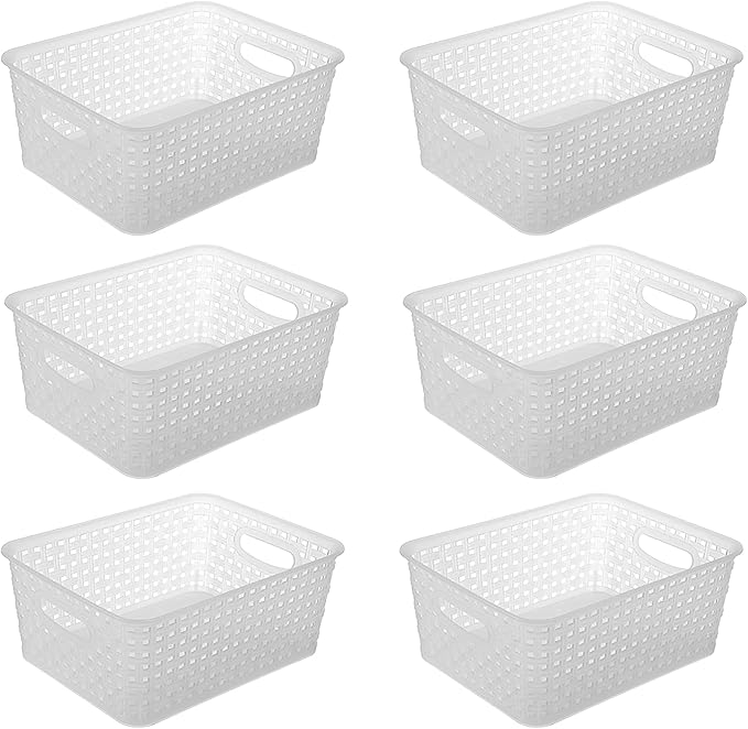 Clear Plastic Woven Storage Basket, 6-Pack Weave Basket Organizer for Kitchen Offices Bathrooms