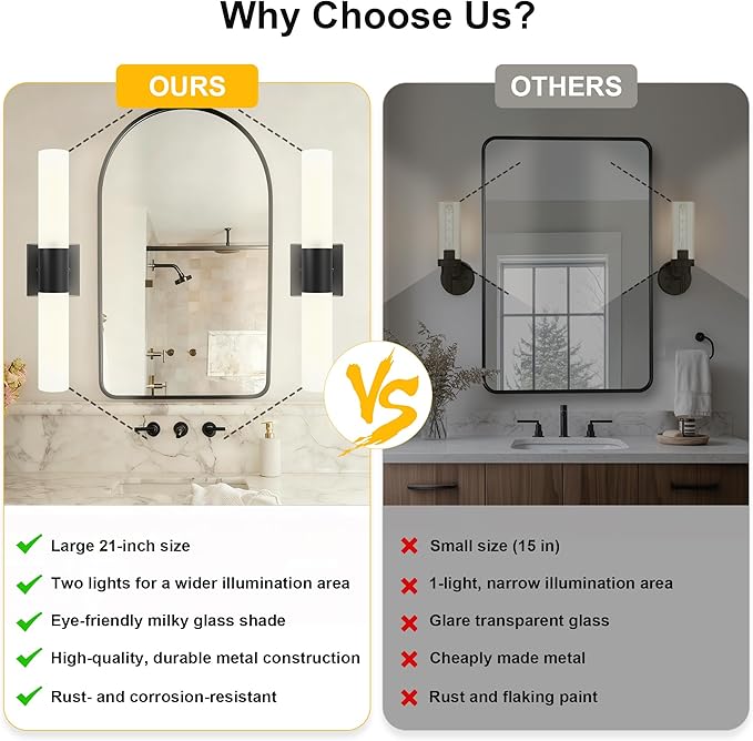 Kalium Bathroom Wall Sconces Set of Two, 21 Inch Modern Vanity Lights with Frosted Glass Shade, Bathrooms Vanity Lighting Fixtures for Mirror Bedroom Living Room Hallway (Black)