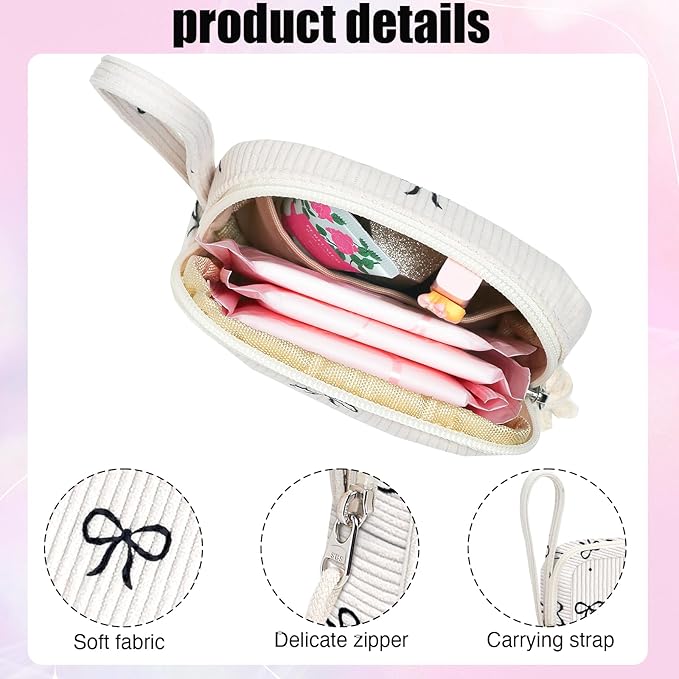 Small Makeup Bag | Discreet Period Bag Pad Pouch for Purse| Sanitary Napkin Storage & Tampon Holder for Travel (Cute black bow)