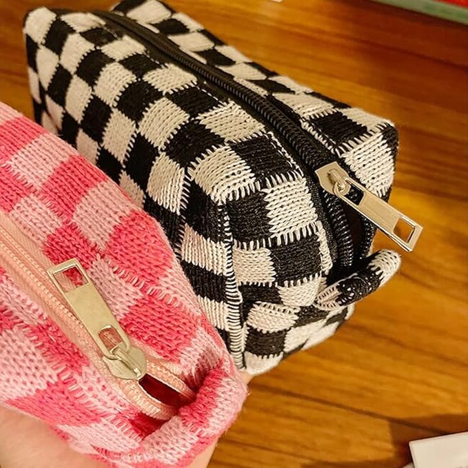 SxoSyo 2 Pcs Cosmetic Bags for Women Checkered Makeup Bag Purse Travel Toiletry Zipper Storage Pouch Make up Brushes Organizer for Gifts (Checkered, Pink & Blue)