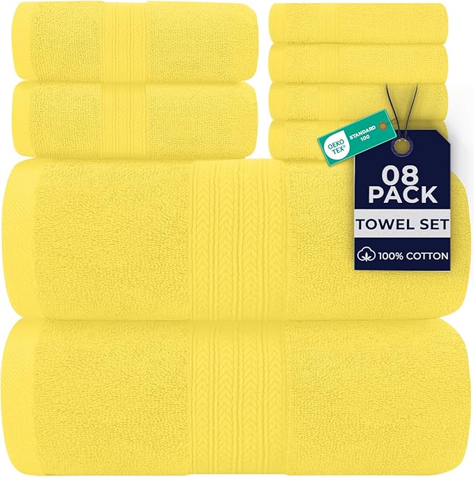 DAN River 8 PC Luxury Bath Towels for Bathroom, 2 Bath, 2 Hand, and 4 Wash Cloths, 600 GSM 100% Ring Spun Cotton Towel Set, Highly Absorbent, Gym, Hotel, and Spa, Yellow