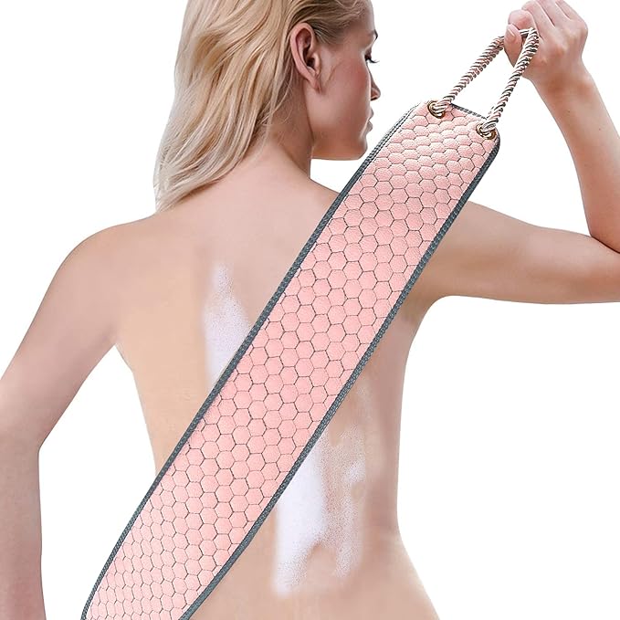Exfoliating Back Scrubber for Shower, 38 Inches Back Washer with Handles, Exfoliating Washcloth Body Exfoliator Bath Tool to Scrub Your Body Deeply for Men & Women Exfoliation (Pink)