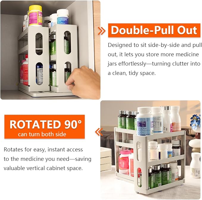 Medicine Organizer 2 Three-Decker Shelves Cabinet Storage Rack Organizer for Holding Vitamins, Supplements Cosmetics (9”H x 5.8”W x 10.4”D) (Dust Gray)