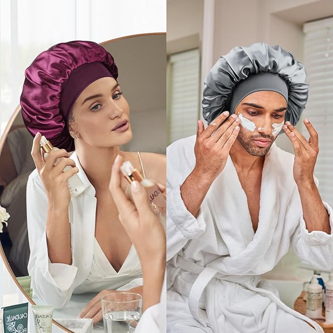 Satin Silk Bonnet for Sleeping, Double Layer Silk Sleep Cap for Men & Women, Soft Satin Lined Bonnet for Curly Hair