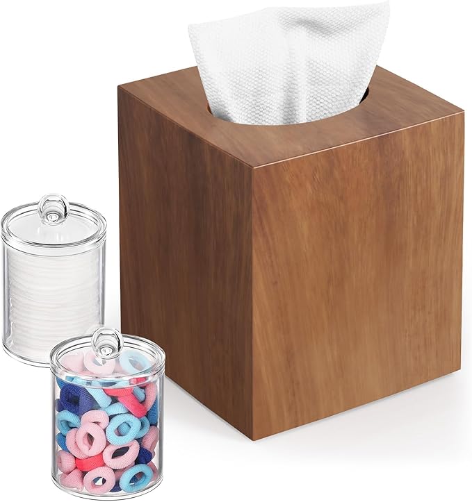 Tissue Box Cover, Square Facial Acrylic Tissue Holder with 2 Pack Clear Qtip Holder Dispenser for Cotton Swabs, Bathroom Essentials Accessories Decor, Vanity Makeup Countertops -Wood Grain