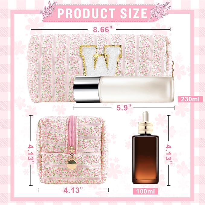 Personalized Quilted Cosmetic Bag, Puffy Monogrammed Christmas Birthday Gifts for Women & Girls, Cute initial Floral Makeup Bag Puffer Coquette Bag, Aesthetic Travel Toiletry Zipper Pouch(Pink,W)