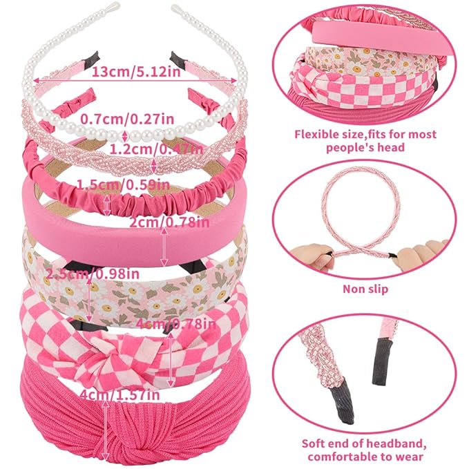 AHONEY 7 Pack Hot Pink Headbands for Girls Women Headbands Trendy Checkered Non Slip Cute Y2K Hair Accessories Multi-style Headband Pack Diademas Para Mujer