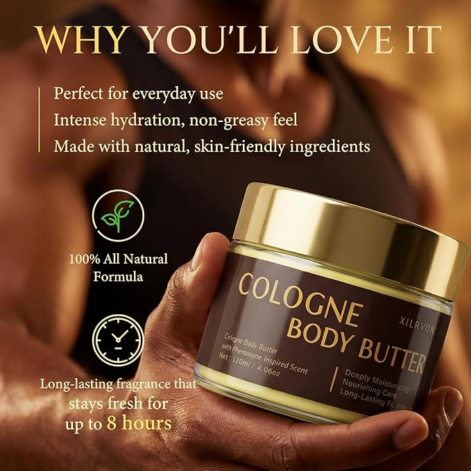 Men’s Cologne Body Butter – Shea Butter Moisturizer with Long-Lasting Masculine Scent – Fresh Woody Grooming Cream – Bergamot, Amberwood & Musk – 4.06oz