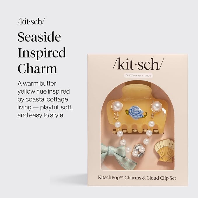 KitschPop ™ Hair Clips For Women with Charm Sets -Customizable Cloud Claw Clip With Interchangeable Collectible Cute Charms | Ideal Gifts For Women - Coastal Cottage - Butter Yellow, 7pcs Set