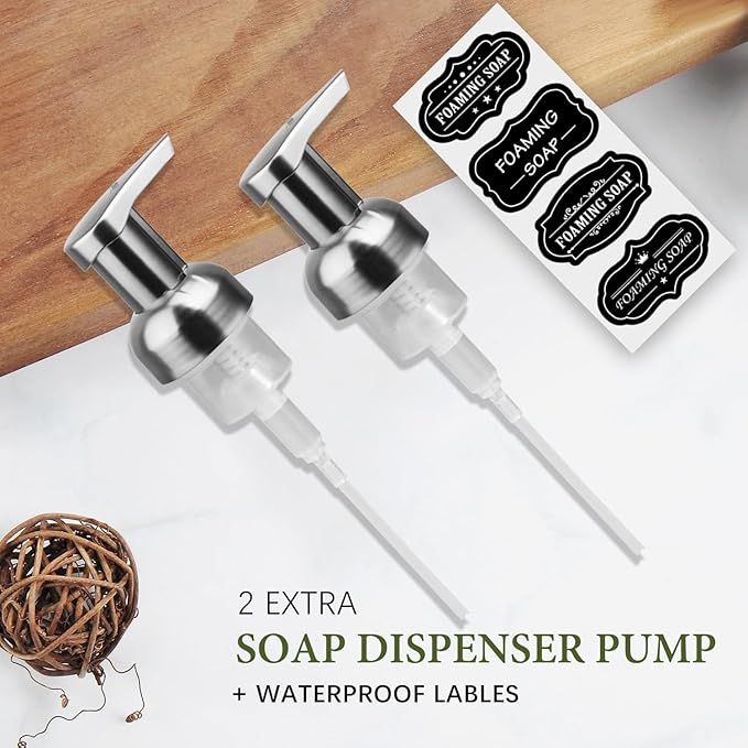 Amolliar Plastic Mason Jar Foaming Soap Dispenser with Pump Lid,16OZ Refillable Hand Soap Dispenser Set with Cute Lables - Farmhouse Decor for Kitchen/Bathroom, Lotion Dish Soap (2 Pack, Silver)