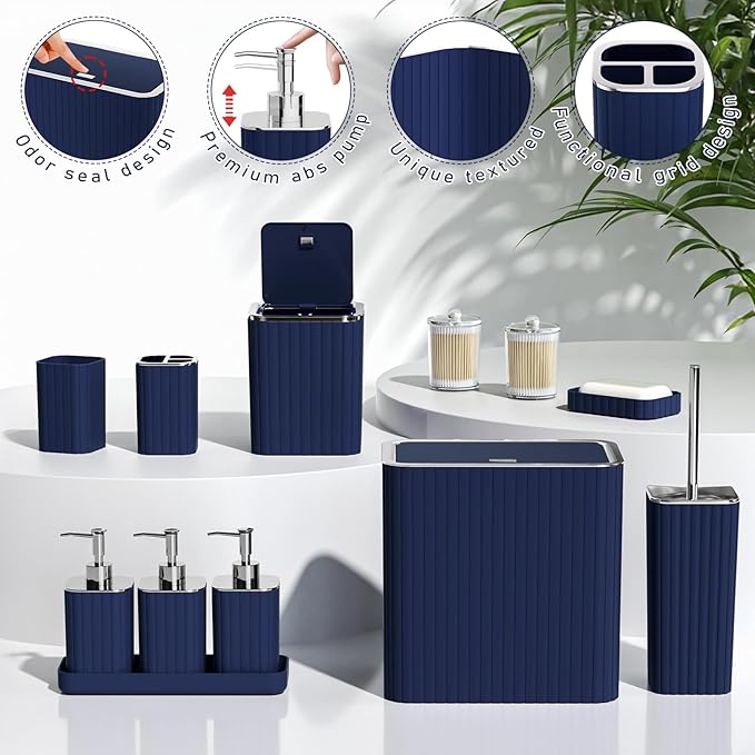 Bathroom Accessory Set - Bathroom Set, 12PC Bathroom Accessories Set, Blue Bathroom Accessories Set, Mini Trash Can, Toilet Brush, Trash Can & Soap Dispenser