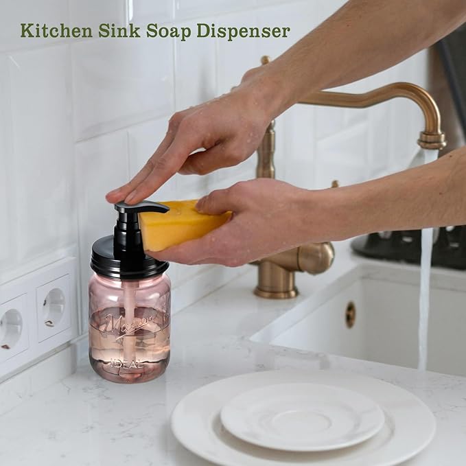 Amolliar 16 Oz Plastic Soap Dispenser, Refillable Hand Dish Soap Dispenser - Vintage Rose Bottle with Black Pump Lids, for Farmhouse Bathroom Kitchen, Includes Extra Pump & Waterproof Label