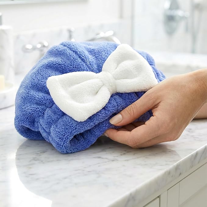 2 Pcs Hair Towel Wrap for Women, Microfiber Quick-Drying Hair Towel, Super Absorbent Soft Towel Wrap for Wet Hair Caps with Bow for Women Bathroom Bag- Pink, Blue