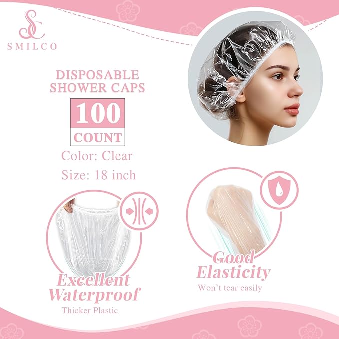 Smilco Disposable Shower Caps 100PCS - 18.1 Inch Large Plastic Hair Cap, Clear Elastic Waterproof Bath Caps - Travel Essentials, Bathing Accessories