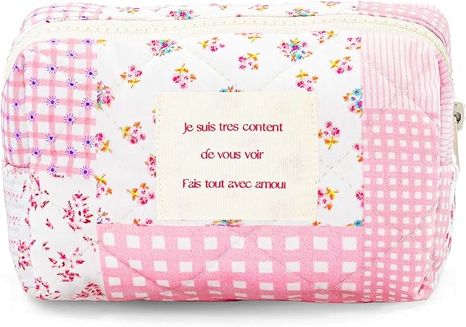 Floral Makeup Bag Pink Small Cotton Quilted Cosmetic Bag Organizer, Aesthetic Cottagecore Preppy Portable Pouch Purse Toiletry Bag for Women Girls Travel accessories